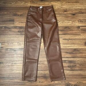 Wilfred Brown Soft Faux Vegan Leather‎ High Rise Pants Straight Leg Women 4 Work